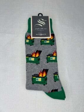 Socksmith Men’s Cotton Grey Crew Socks with Green Dumpster Fire Pattern New